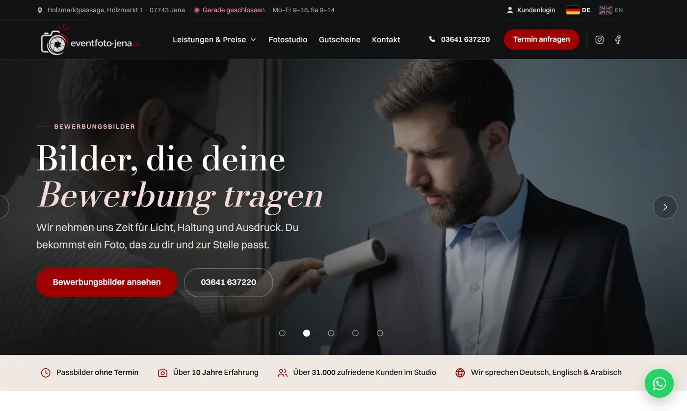 Startseite von Eventfoto Jena mit Bewerbungsbild-Motiv und Terminbuchung