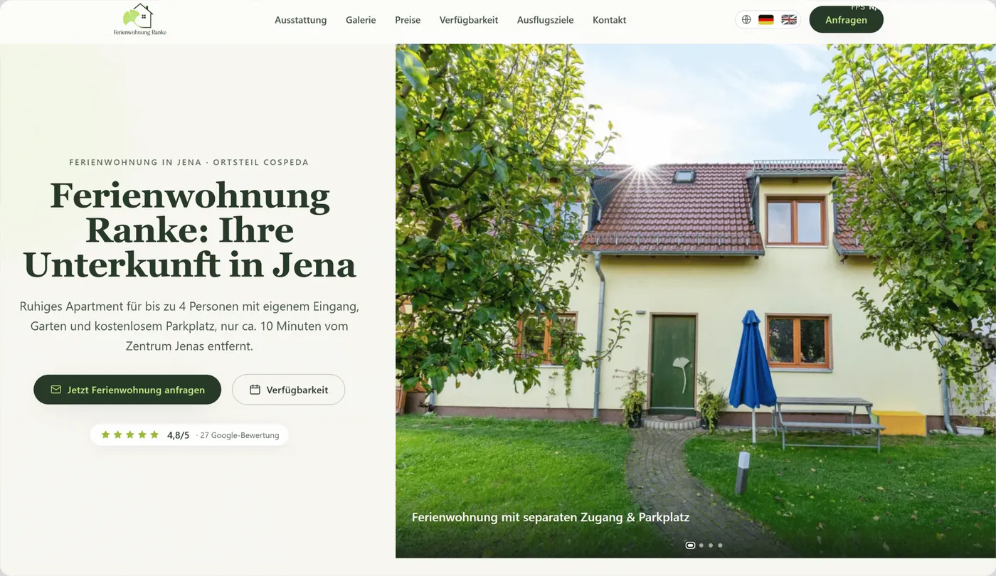 Startseite der von uns gestalteten Website Ferienwohnung Ranke mit großem Gartenfoto und Anfrage-Buttons